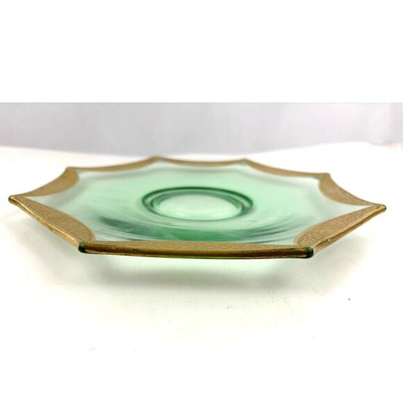 VTG Green Depression Octagon Glass Plate Glassware Floral Gold Trim - Picture 2 of 12